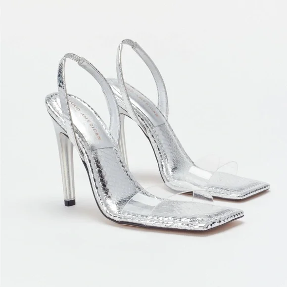 Good American Snake Lucite Silver Heels Size 9 - Picture 2 of 8